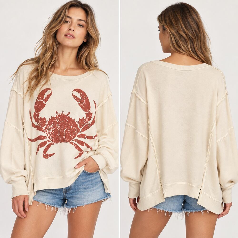 Free People Camden Crab Sweatshirt Womens XS Cream Oversized Graphic Pullover